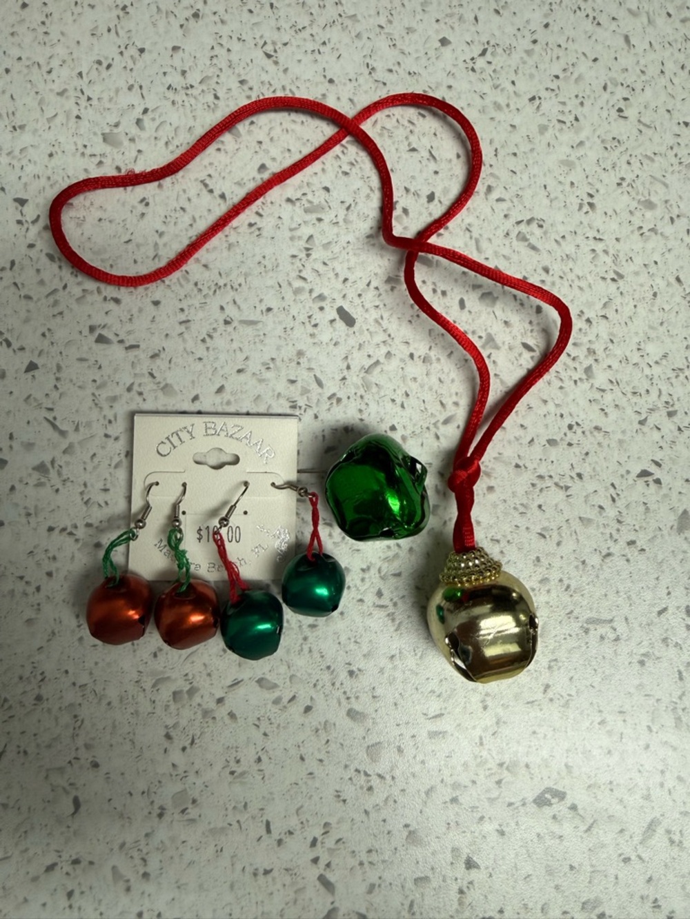 Christmas Jingle Bell Jewelry Set Necklace Earrings Ring Red Green Gold Holiday